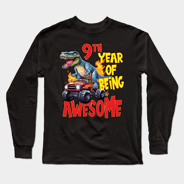 9th Year of Being Awesome 9yr Birthday Truck Dinosaur Boy Girl 9 Years Old Long Sleeve T-Shirt by Envision Styles